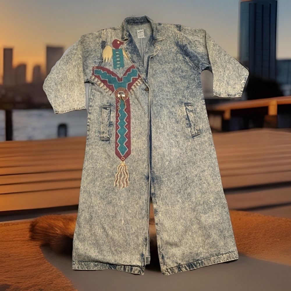 Aztec Southwestern Denim Duster‎ Trench Coat Long Jean Jacket VTG Womens XL 80's
